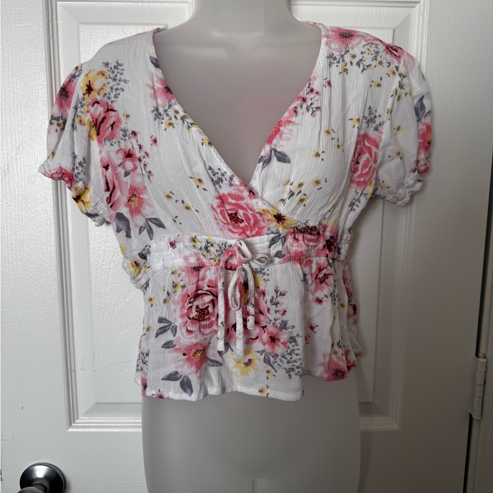 Derek Heart Floral Wrap Blouse - White, Pink, Yellow